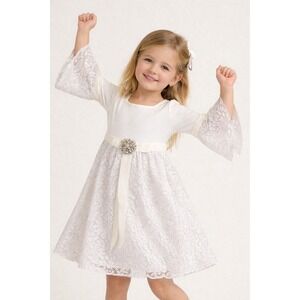 Sister Sam Girls 2/3 Y2K Boutique Bell Sleeve Lace Dress Ivory Fairytale Party